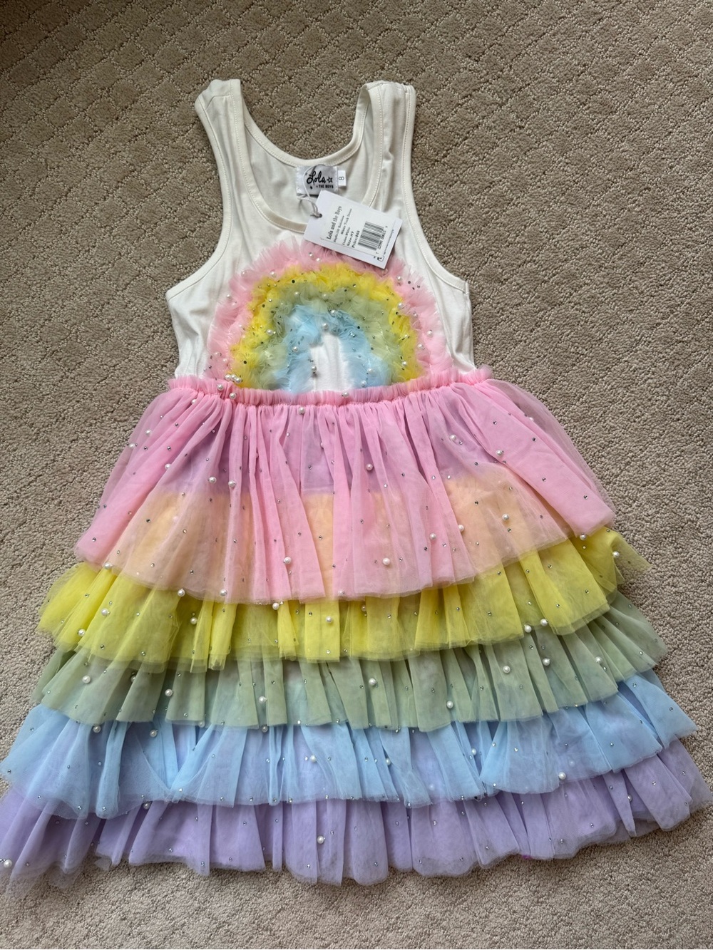 Lola and the Boys Rainbow Tulle Tiered Dress with Pearl Details